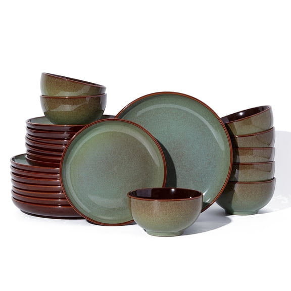 Pokini 24-piece Stoneware Dinnerware Sets, Ceramic dish sets service for 8, Microwaveable & Dishwasher Safe Plates and Bowls Sets, Kitchen Dinner Plates & Cereal Bowls, Sage Green