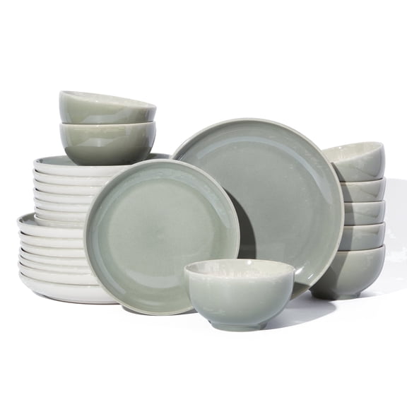 Pokini 24-piece Stoneware Dinnerware Sets, Ceramic dish sets service for 8, Microwaveable & Dishwasher Safe Plates and Bowls Sets, Kitchen Dinner Plates & Cereal Bowls, Gray Green