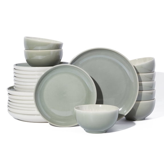 Pokini 24-piece Stoneware Dinnerware Sets, Ceramic dish sets service for 8, Microwaveable & Dishwasher Safe Plates and Bowls Sets, Kitchen Dinner Plates & Cereal Bowls, Gray Green