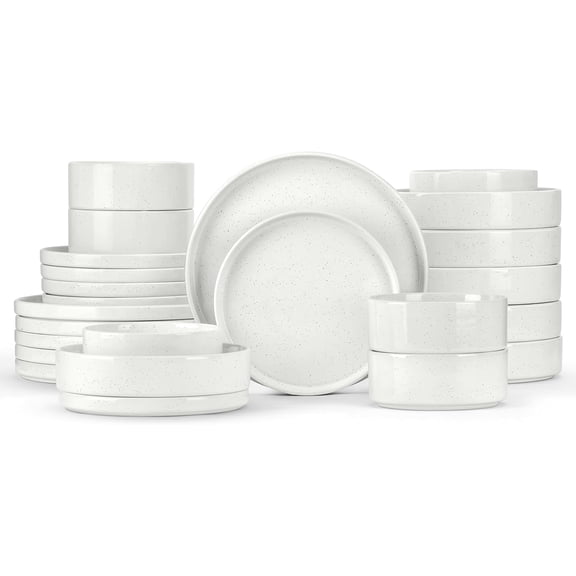 24 Piece Dinnerware Sets with Pasta Bowls for 6, Dinner Salad Plates and Cereal Serving Bowls, Stoneware Dishes Dinner Ware for Kitchen Dining, Dishwasher & Microwave Safe, Speckled White