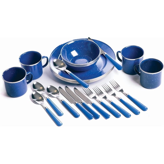24-Piece Enamel Camping Tableware Set - Blue, Outdoor Kitchen Essentials for Camping, RV, and Home Use