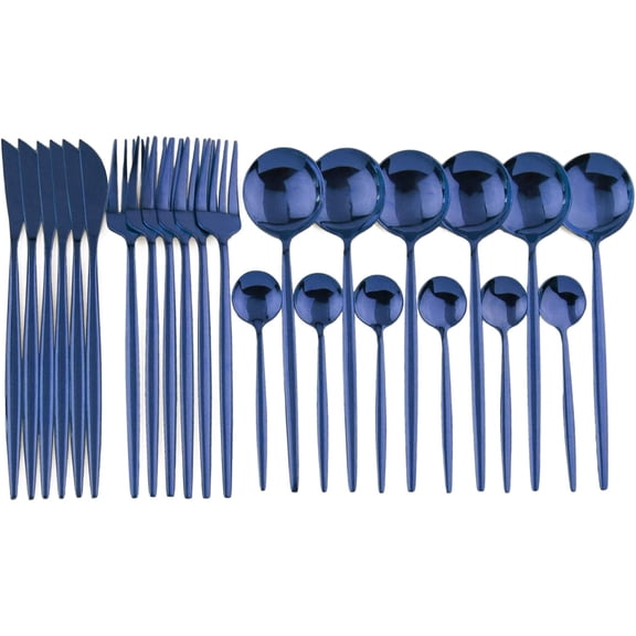 24-Piece Flatware Set, 18/0 Stainless Steel Knife Fork Spoon Teaspoon Silverware Set, Service for 6, MIrror Blue