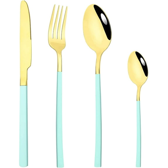 24-Piece Flatware Set, 18/0 Stainless Steel Knife Fork Spoon Teaspoon Silverware Set, Service for 6, Mint Green slender handle Gold