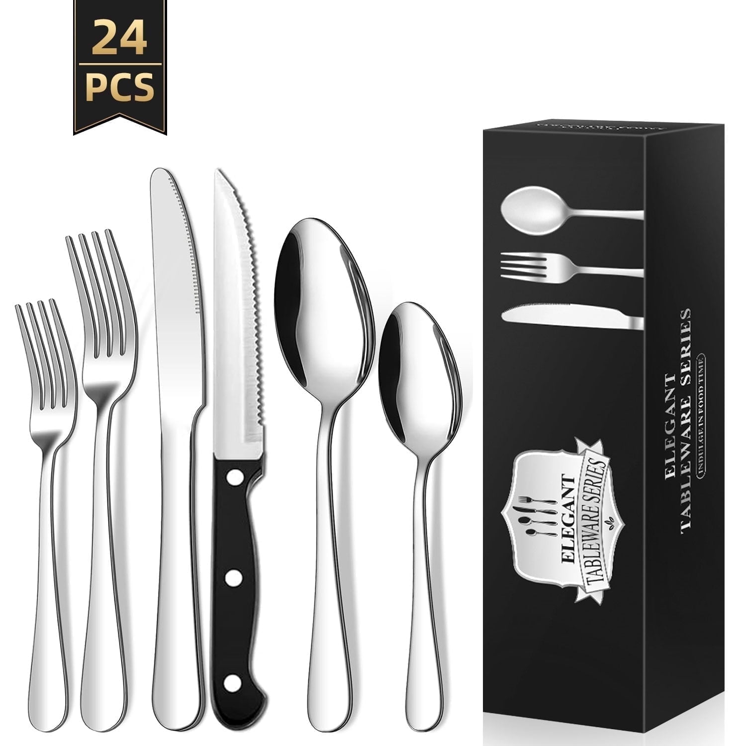 TINANA Silverware Sets, 24 PCS Flatware Set for 4, Stainless Steel Cutlery Utensil Set with Steak Knives Mirror Polished Forks and Spoons, Silver