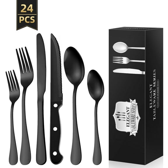TINANA Silverware Sets, 24 PCS Flatware Set for 4, Premium Stainless Steel Cutlery Utensil Set with Steak Knives Mirror Polished Forks and Spoons, Dishwasher Safe, Black