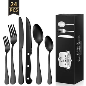 TINANA Silverware Sets, 24 PCS Flatware Set for 4, Stainless Steel Cutlery Utensil Set with Steak Knives Mirror Polished Forks and Spoons, Black