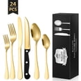 thumbnail interactive-video image 1 of TINANA Silverware Sets, 24 PCS Flatware Set for 4, Premium Stainless Steel Cutlery Utensil Set with Steak Knives Mirror Polished Forks and Spoons, Dishwasher Safe, Gold, 1 of 7