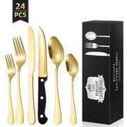 TINANA Silverware Sets, 24 PCS Flatware Set for 4, Premium Stainless Steel Cutlery Utensil Set with Steak Knives Mirror Polished Forks and Spoons, Dishwasher Safe, Gold