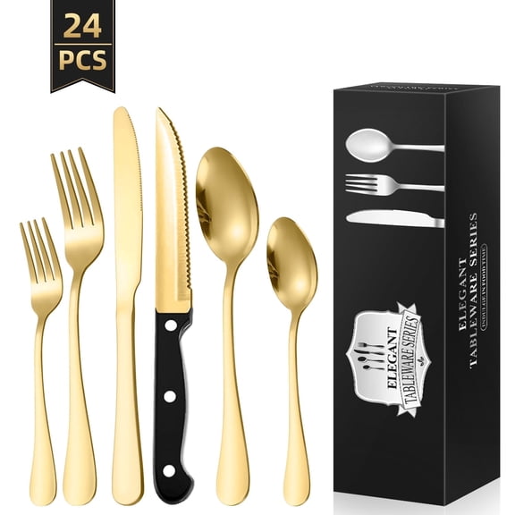 TINANA Silverware Sets, 24 PCS Flatware Set for 4, Premium Stainless Steel Cutlery Utensil Set with Steak Knives Mirror Polished Forks and Spoons, Dishwasher Safe, Gold