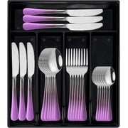24-Piece Flatware Set with Drawer Organizer, Stainless Steel Silverware Set Service for 6, Purple Cutlery Utensil Sets with Antiskid Handle, Rust-proof In-Drawer Cutlery Set, Mirror Polishe