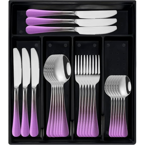 24-Piece Flatware Set with Drawer Organizer, Stainless Steel Silverware Set Service for 6, Purple Cutlery Utensil Sets with Antiskid Handle, Rust-proof In-Drawer Cutlery Set, Mirror Polishe