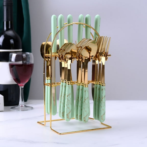 24 Piece Flatware Set with Marble Pattern Handles, Modern Cutlery Service for 6, Ergonomic Dinnerware Knives Forks Spoons, Stylish Table Setting for Easter Brunch Wedding Gift Registry