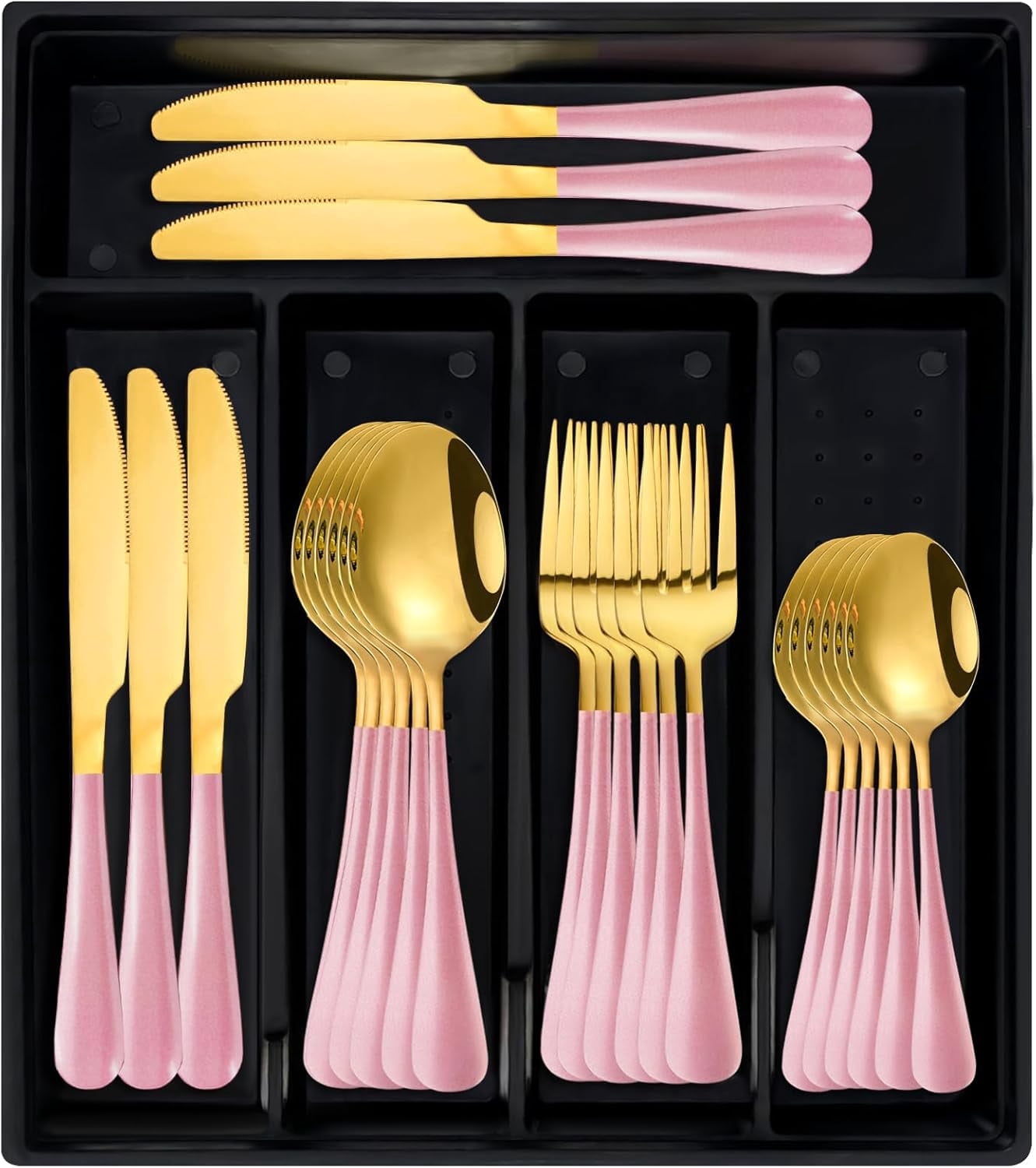GOUTOOL, 24-Piece Flatware Set with Organizer, Stainless Steel, Pink ...