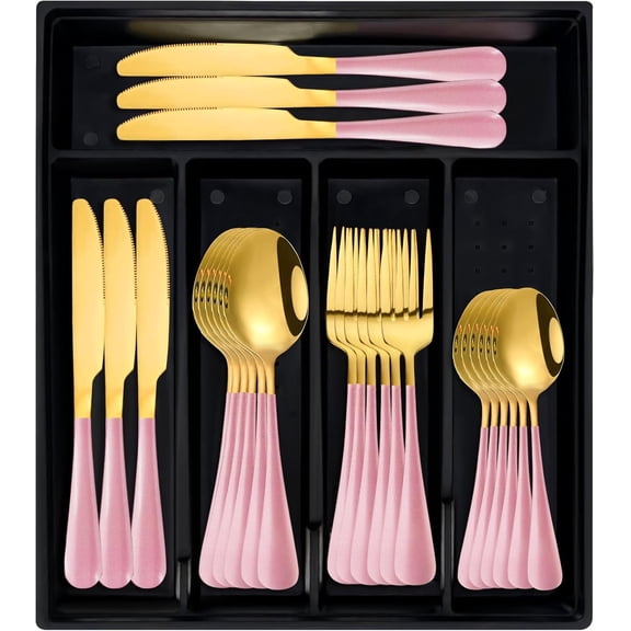 24-Piece Flatware Set with Organizer, Heavy Duty Stainless Steel Silverware for 6, Pink Cutlery Utensil Sets with Antiskid Handle, Rust-proof Stainless Steel Cutlery, Mirror Polished