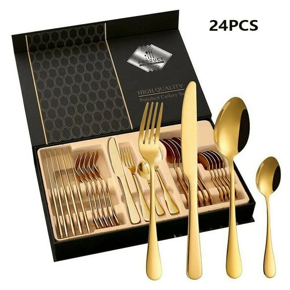 24-Piece Flatware Set Service for 6, Stainless Steel Kitchen Utensils Knife Fork Spoon Silverware Set with Box, Gold