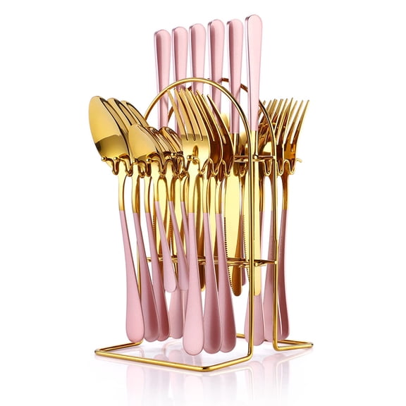24-Piece Flatware Set by - Stainless Steel Silverware Set with Caddy, Service for 6, Gold Mirror & Matte Pink Handles, Includes Spoons, Forks, Knives, Utensil Organizer
