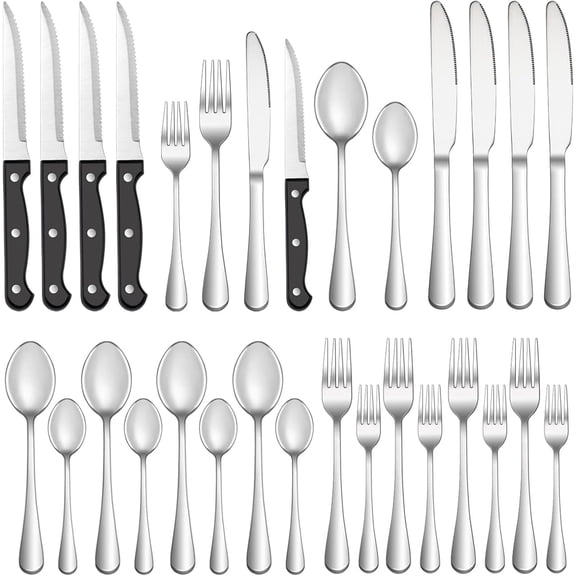 24-Piece Flatware Set for 4, Includes 8 Steak Knives, Food-Grade 18/10 Stainless Steel, Mirror Polished Silverware Set, Dishwasher Safe