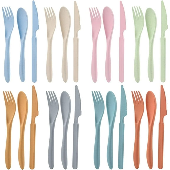 24 Piece Flatware Sets for 8, Plastic Reusable Silverware Knives Spoons Forks, Utensils for Lunch Box
