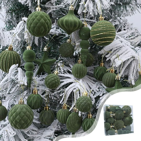 24-Piece Flocked Christmas Ornaments Set, Assorted Styles Xmas Tree Balls for Holiday Decorations, Shatterproof Christmas Tree Decor Set(Green)
