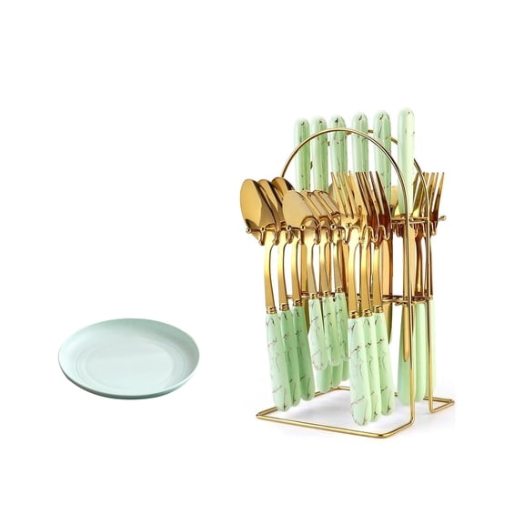 24-Piece Gilded Stainless Steel Kitchen Silverware Flatware Sets with 1Pc 7in Green Plates, Kitchen Utensil Tableware Cutlery Set, Steak Cutlery Set for Home and Restaurant Daily Use Party, Green