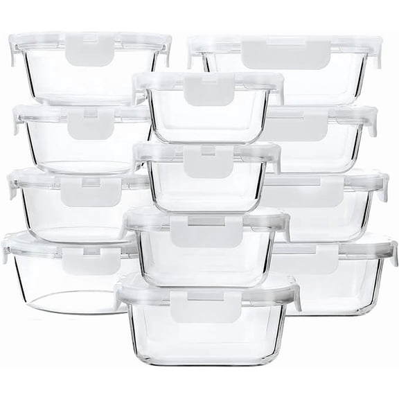 24-Piece Glass Food Storage Containers with Upgraded Snap Locking Lids,Glass Meal Prep Containers Set - Airtight Lunch Containers, Microwave, Oven, Freezer and Dishwasher,White