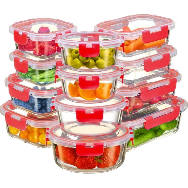 24 Piece Glass Storage Containers with Lids - Airtight, Leak Proof, Dishwasher Safe, Glass Tupper Ware Sets with Lids, Food Storage Containers, Meal Prep Containers, Gray