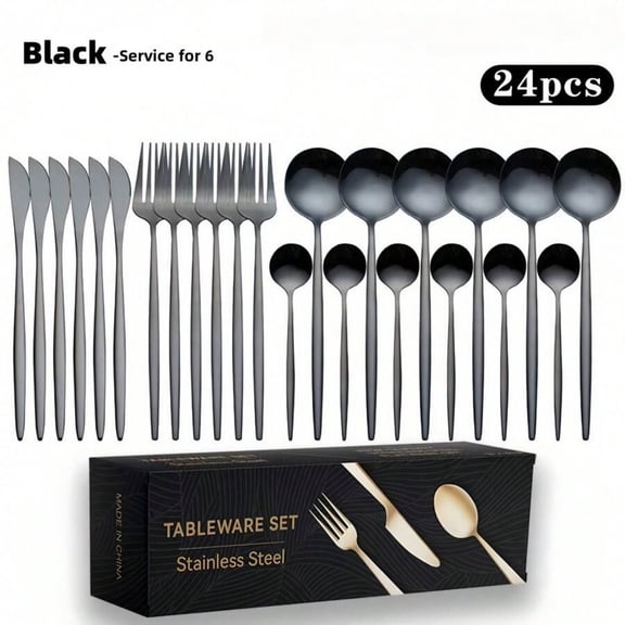 24PCS Gold/Black Stainless Steel Cutlery Set - 6 Dinner Forks/Knives/Spoons + 6 Teaspoons (Reusable for Restaurant/Party/Holiday Occasions)