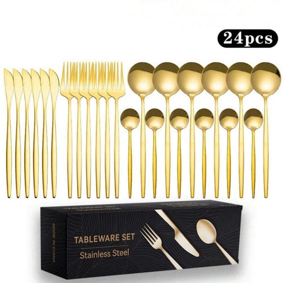 24PCS Gold/Black Stainless Steel Cutlery Set - 6 Dinner Forks/Knives/Spoons + 6 Teaspoons (Reusable for Restaurant/Party/Holiday Occasions)