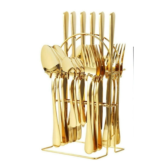 24 Piece Gold Flatware Cutlery Set With Stand Include Knife Fork Spoon,Hanging Stainless Steel Utensils Set Service for 6,Dishwasher Safe