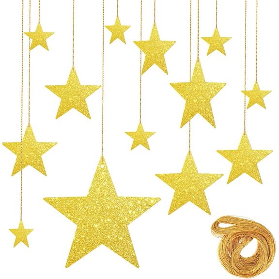 24 Piece Gold Hanging Star Decorations with 55 Yard Nylon String