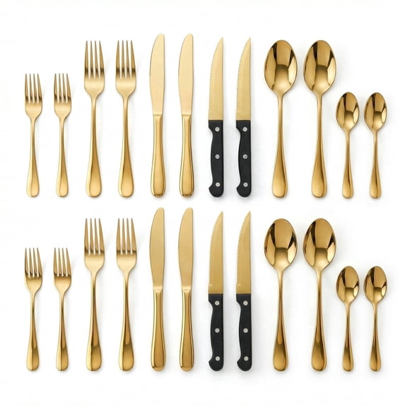 24 Piece Gold Silverware Set with Steak Knives, Stainless Steel Flatware Set for 4, Mirror Polished Cutlery