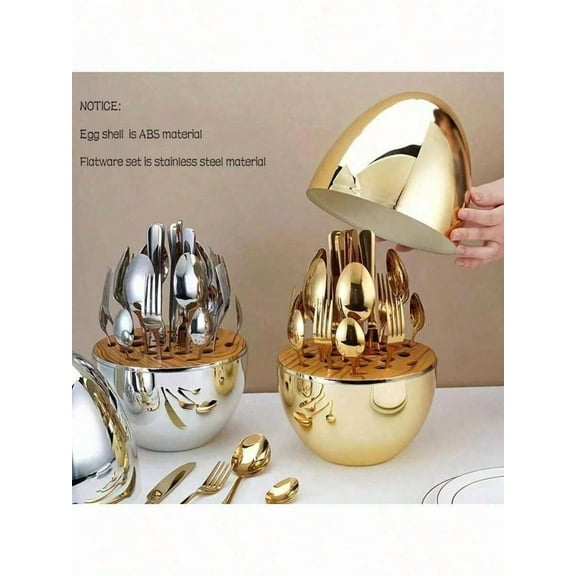 24-Piece Golden Egg-Shaped Stainless Steel Flatware Set - Elegant European Style Cutlery Collection For Easter Dinnerware, Western Dining Set, Luxury Silverware With Unique Egg Design,