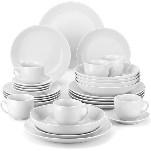 24-Piece Gourmet Porcelain Dinnerware Sets, Modern White Round Dish Set for 6 - Premium Serving Plates and Bowls Sets for Dessert, Salad, Soup, Pasta - Series AMELIA