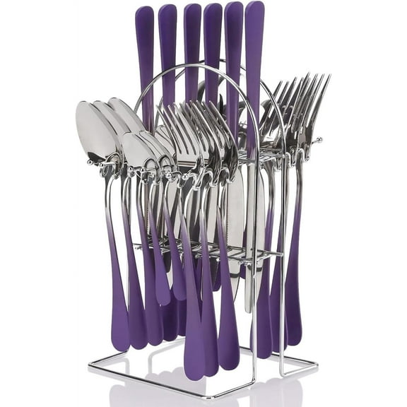 24 Piece Gradient Color Stainless Steel Flatware Set with Hanging Stand, Includes Dinner Knives, Forks, and Spoons, Elegant Tableware for Home, Kitchen, and Restaurant (Purple)