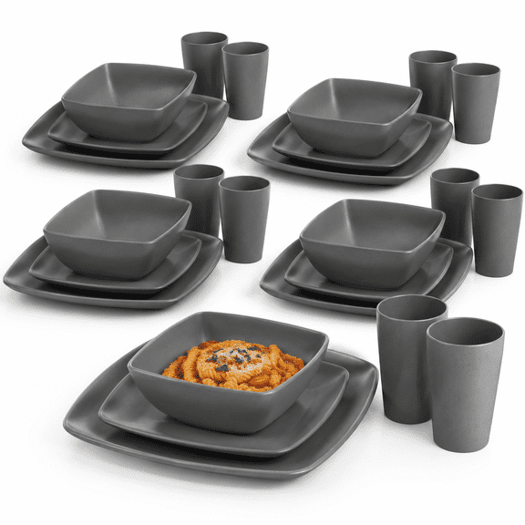 24-Piece Gray Square Dinnerware Set For 6, Includes Plates, Tumblers And Flatware
