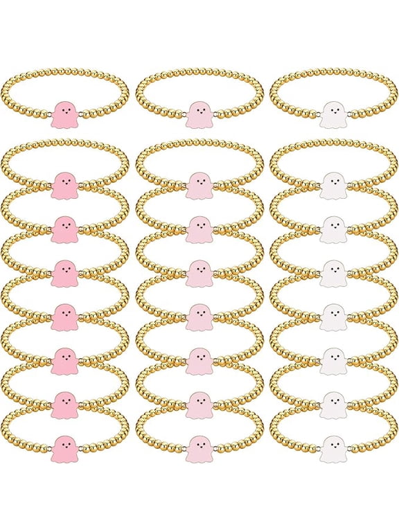 24 Piece Halloween Party Favor Gold Beaded Bracelets Pink BOO Ghost Charm
