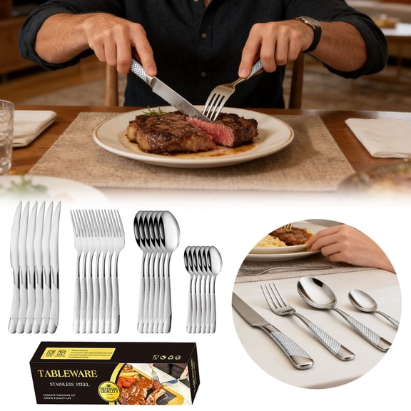 24 Piece Hammered Silverware Set, Modern Silver 24 Stainless Steel Flatware Set, Kitchen Utensil Set Service for 6, Tableware Cutlery Set, Knives Forks Spoons Set (Silver)