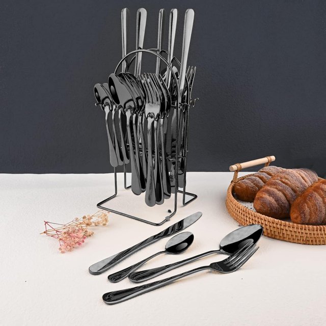 24Piece Hanging Flatware Set & Holder/Stand,Stainless Steel Knives Forks A