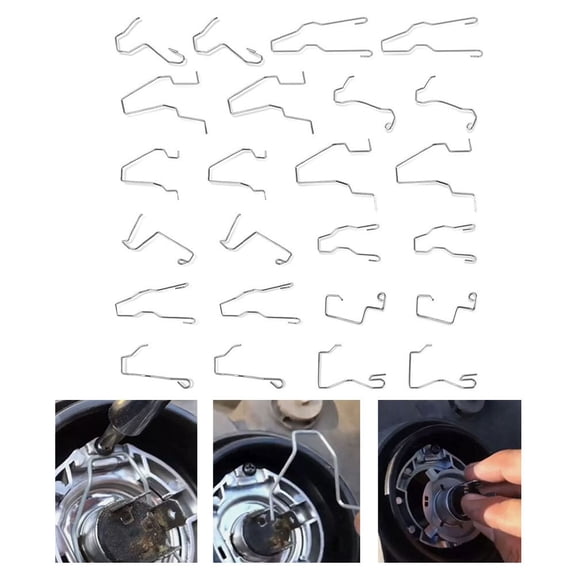 24-Piece Headlight Bulb Retaining Clip Set, Stainless Steel Spring Clamps for H1 H3 H4 H7 Lamps, Assorted Holder Kit for Car Truck Repair and Replacement