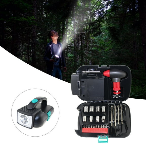 24-Piece Household Tool Kit with LED Flashlight, Ratchet Handle, Screwdriver & Sleeve Set for DIY Home & Maintenance, Black (Battery Not Included)