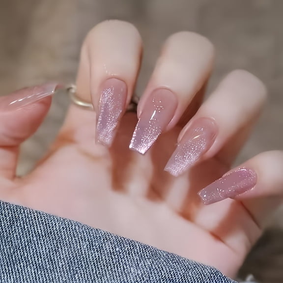 24-Piece Icy Pink Cat Eye Press On Nails Set - Effortless Glam for Every Occasion