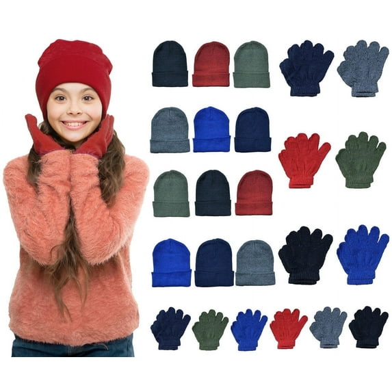 24 Piece Kids Winter Set: 12 Pack Beanie Hats + 12 Pairs Winter Gloves/Mittens, For Children, Bulk Boys Girls Cold Weather