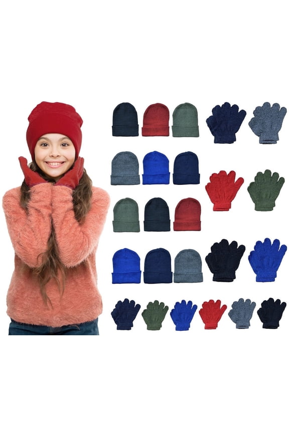 24 Piece Kids Winter Set: 12 Pack Beanie Hats + 12 Pairs Winter Gloves/Mittens, For Children, Bulk Boys Girls Cold Weather