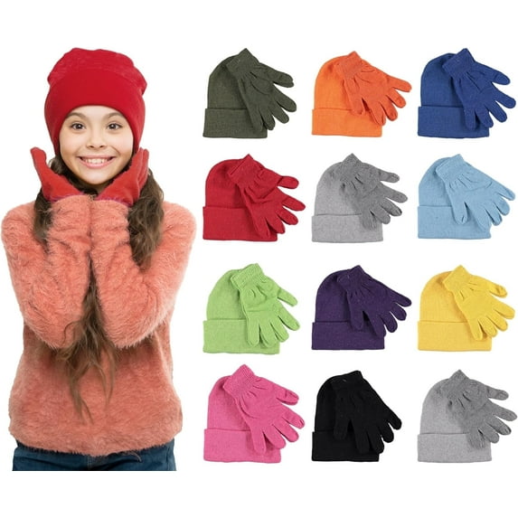 SOCKS'NBULK 24 Piece Kids Winter Set: 12 Pack Beanie Hats + 12 Pairs Winter Gloves/Mittens, For Children, Bulk Boys Girls Cold Weather