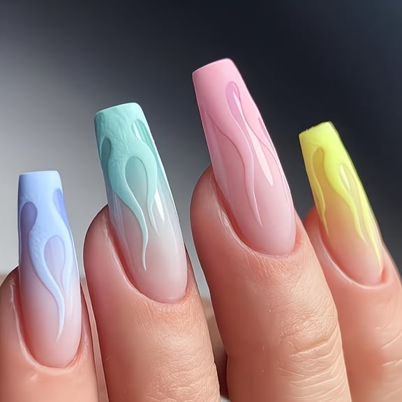 24-Piece Macaron Color Long Press on Nails Set - Chic Flame Gradient Matte Finish for Effortless Nail Art