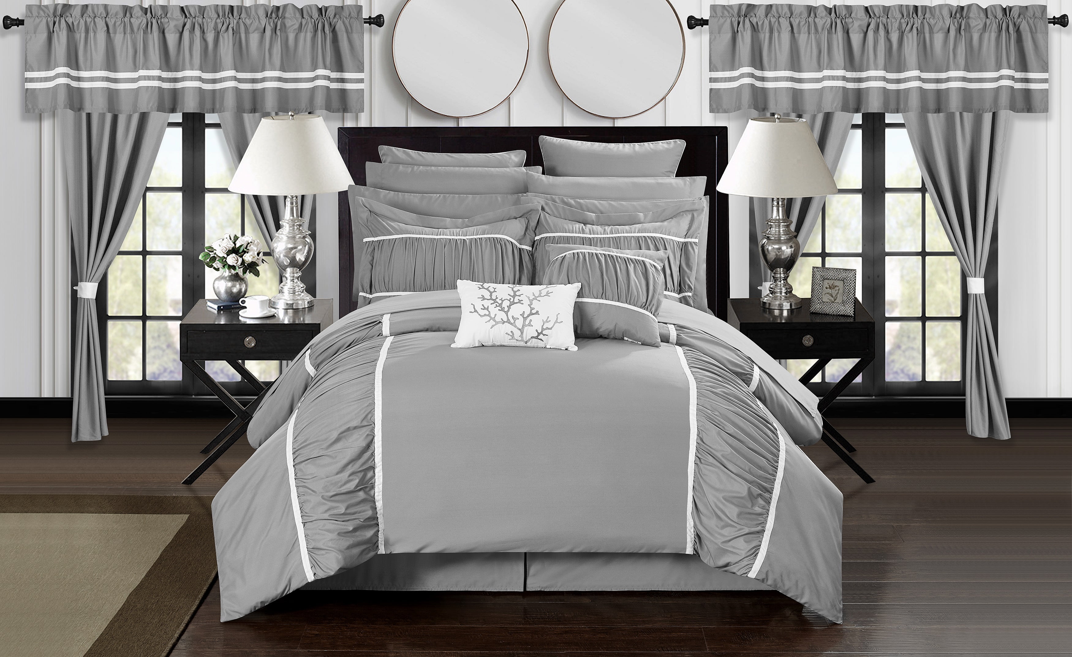 Queen Gray Microfiber Ruffled Bed in a Bag Set