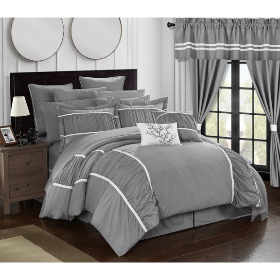 24 Piece Marian Complete bedroom in a bag Pinch Pleat Ruffled Designer Embellished Bed In a Bag Comforter Set