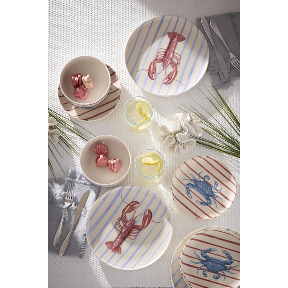 24-Piece Melamine Wharfside Dinnerware Set for 8, Seaside Pattern Plates and Bowls Dishwasher Safe