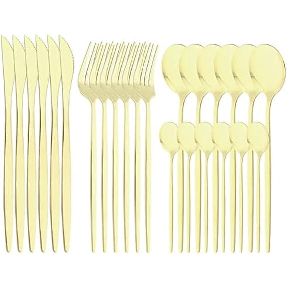 24-Piece Mirror Champagne Gold Flatware, 18/0 Stainless Steel Dinnerware Set Include Knife Fork Spoon Teaspoon Cutlery Set For Home Restaurant Party Service For 6, Dishwasher Safe