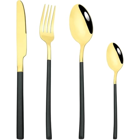 24 Piece Mirror Golden Plated 18/0 Stainless Steel Flatware Set, Black Handle With Golden Mouth Silverware Set With Teaspoon Cutlery Set Service for 6